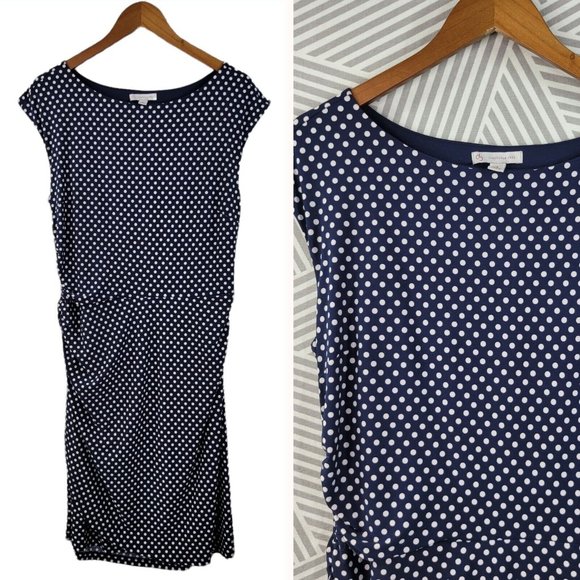 Dressbarn size 16 Dress slinky stretch summer Pinup Polkadot Ruched Navy Blue - Picture 1 of 6